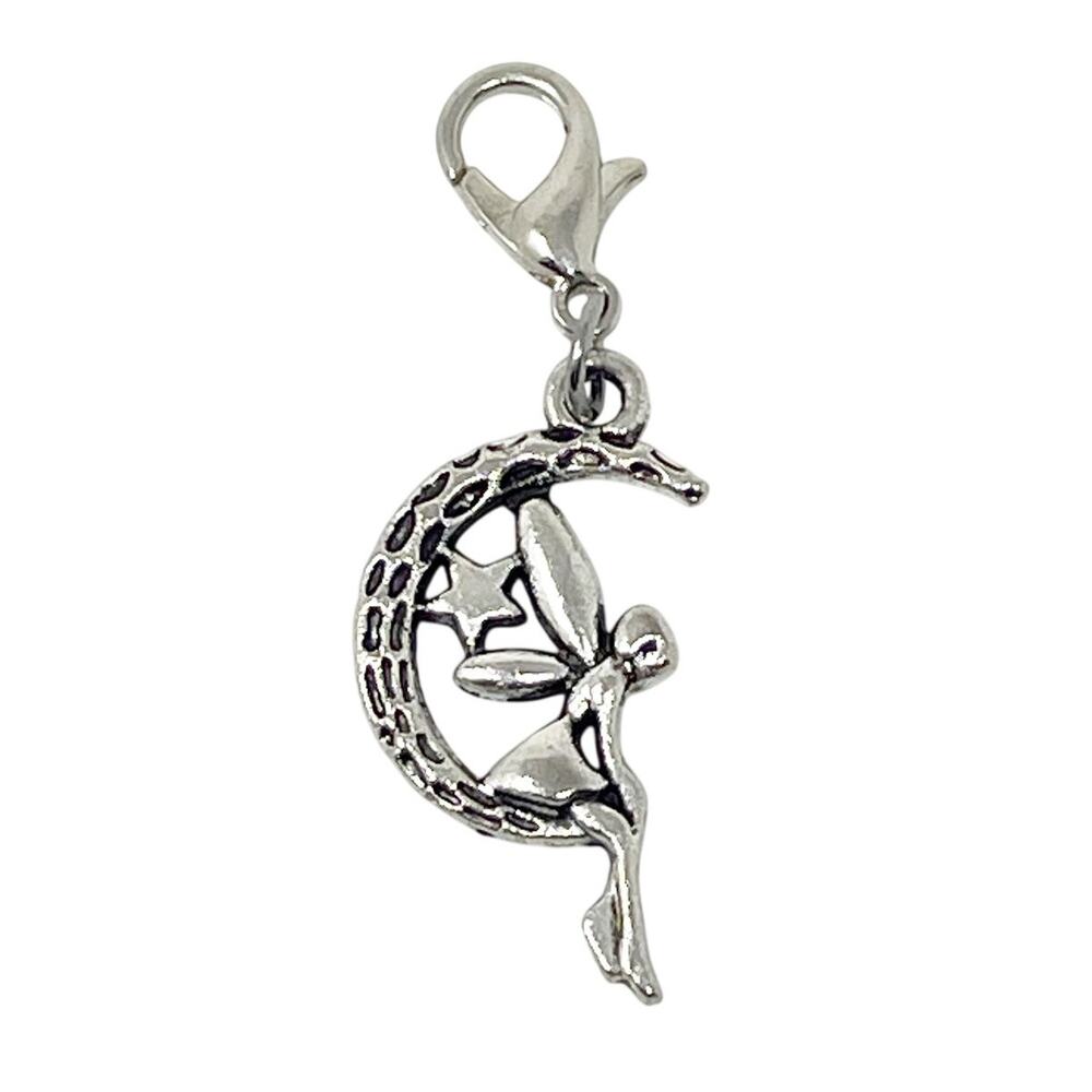 Silver Tone Celestial Charm for Charm Bracelet‎ Fairy Sitting on Crescent Moon